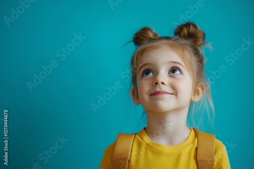 Obraz na płótnie Young child with playful hairstyle enjoys a moment of curiosity indoors against a vibrant blue background w salonie
