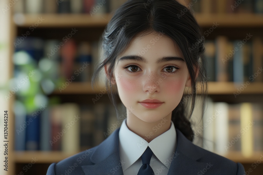 Young girl in formal attire stands confidently in a library filled with books during daylight hours