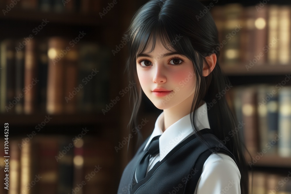 Young girl in a formal outfit posing with a confident smile in a library filled with books during daylight