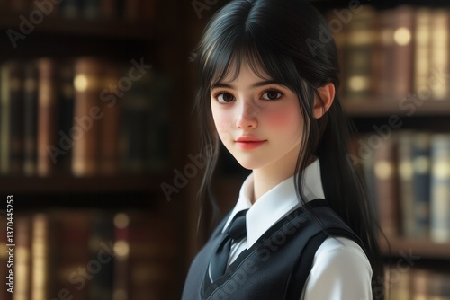 Obraz na płótnie Young girl in a formal outfit posing with a confident smile in a library filled with books during daylight w salonie