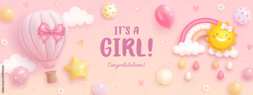 Baby shower horizontal banner or invitation with cartoon 3d rainbow, sun, hot air balloon and flowers on pink background. It's a girl. Baby birth background. Vector illustration Baby shower horizontal banner or invitation with cartoon 3d rainbow, sun, hot air balloon and flowers on pink background. It's a girl. Baby birth background. Vector illustration