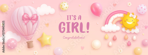 Baby shower horizontal banner or invitation with cartoon 3d rainbow, sun, hot air balloon and flowers on pink background. It's a girl. Baby birth background. Vector illustration