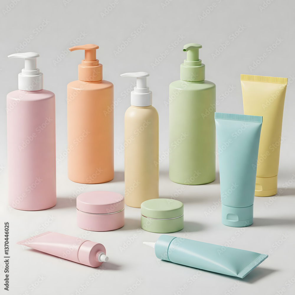 A set of cosmetic bottles and products isolated on a white background, including shampoo, lotion, cream, gel, soap, and other beauty and hygiene items in clean packaging A set of cosmetic bottles and products isolated on a white background, including shampoo, lotion, cream, gel, soap, and other beauty and hygiene items in clean packaging