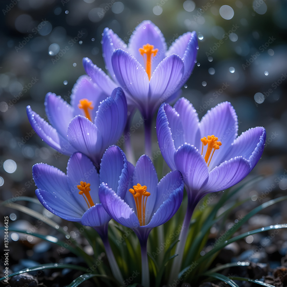 Fototapeta premium Blue Crocuses Blooming After Rain – Spring Floral Beauty