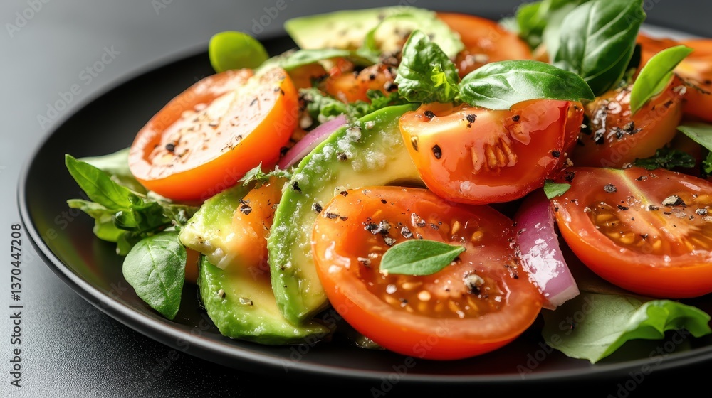 A colorful salad combining juicy tomatoes, creamy avocado, and fresh basil. This dish showcases vibrant colors and textures, offering a delightful taste experience for health enthusiasts. A colorful salad combining juicy tomatoes, creamy avocado, and fresh basil. This dish showcases vibrant colors and textures, offering a delightful taste experience for health enthusiasts.