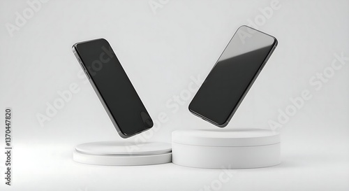 Wallpaper Mural Two Smartphones Floating Above Round White Stands in a Minimalist Studio Torontodigital.ca