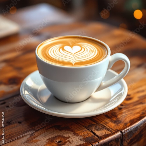 Nice Texture of Latte art on hot latte coffee . Milk foam in heart shape leaf tree on top of latte art from professional barista artist