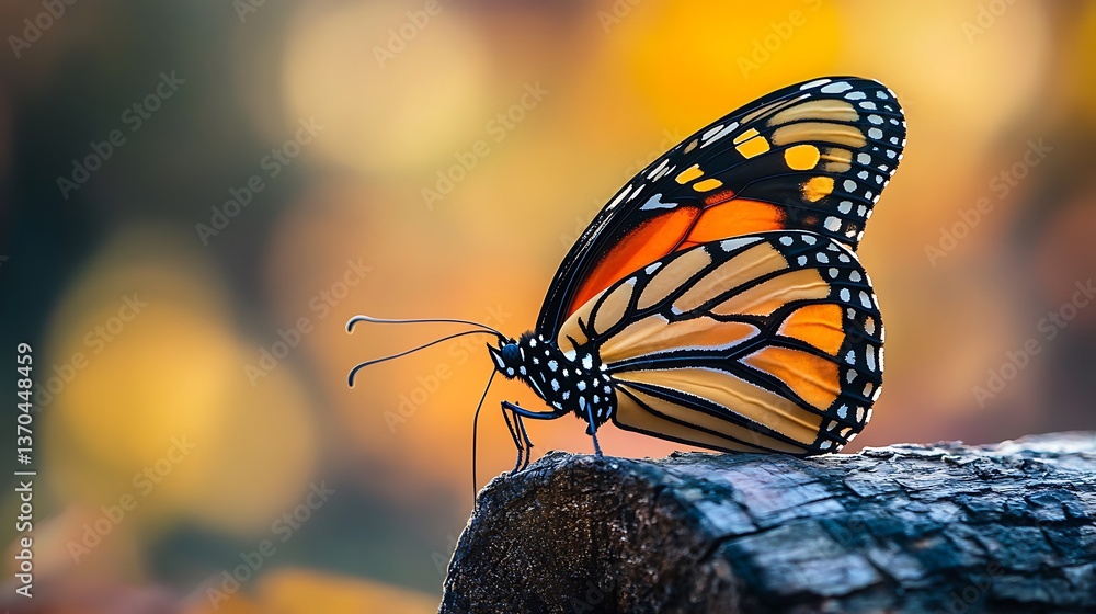 Obraz premium Vibrant Monarch Butterfly Resting on a Wooden Log with Sharp Focus on Orange and Black Patterns Against a Natural Forest Backdrop