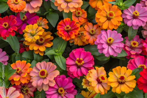 Impressive Display of Zinnia Flowers Blooming in Well-tended Garden Bathed in Natural Sunlight