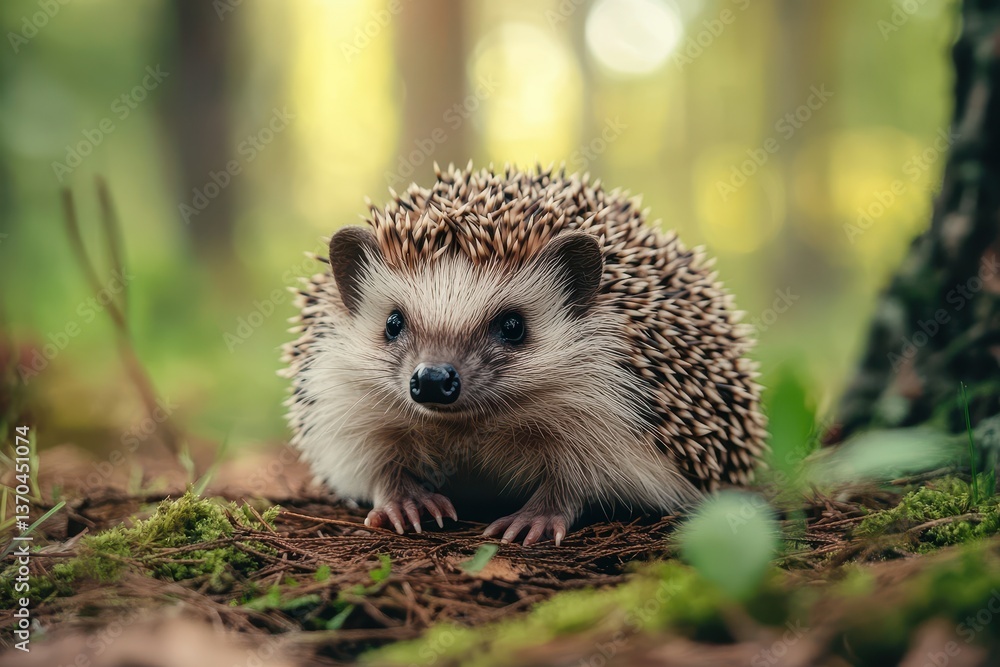Hedgehog exploring its natural habitat in a lush forest during daylight Hedgehog exploring its natural habitat in a lush forest during daylight