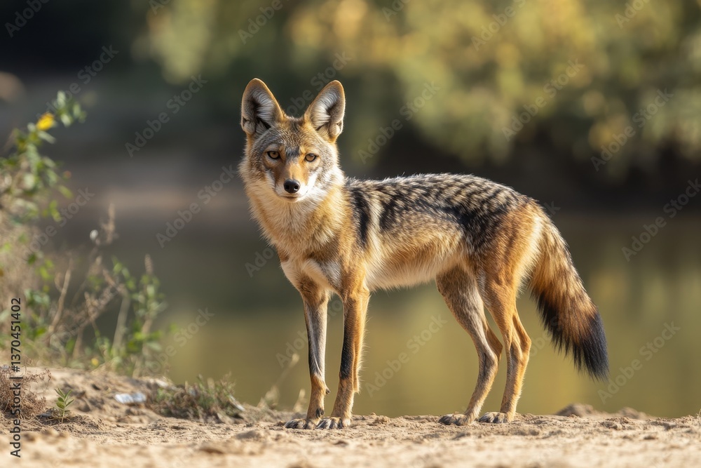 Coyote stands near water, observing its surroundings in the wild during the golden hour of late afternoon Coyote stands near water, observing its surroundings in the wild during the golden hour of late afternoon
