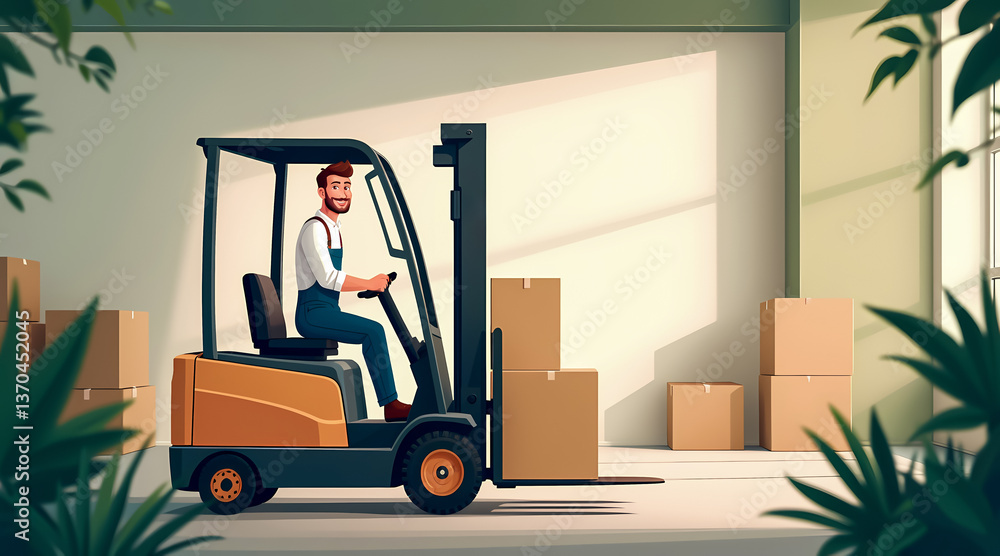 smiling warehouse worker operating a forklift moving boxes smiling warehouse worker operating a forklift moving boxes