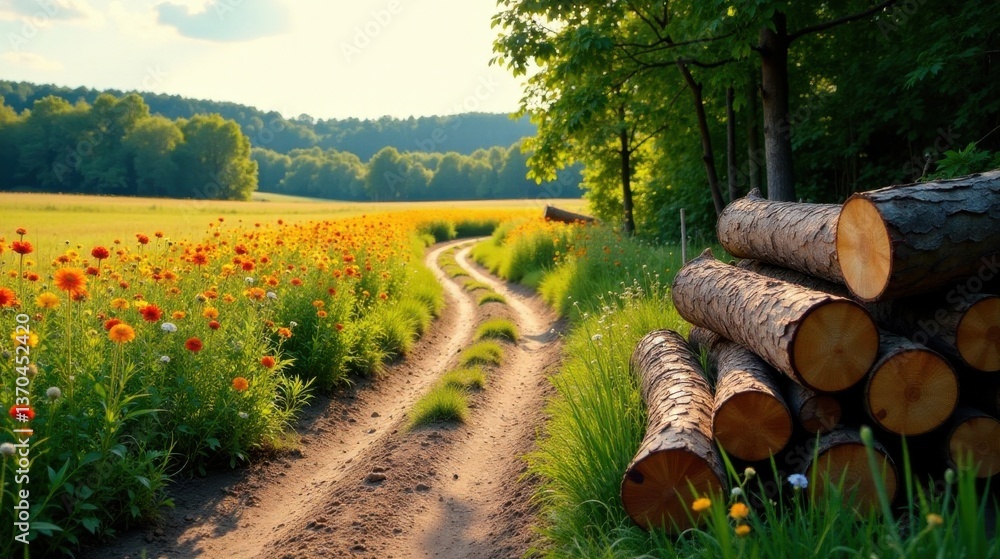 Serene rural landscape with a dirt road winding through vibrant wildflowers and a stack of freshly cut timber resting beside it, bathed in the golden light of a summer evening Serene rural landscape with a dirt road winding through vibrant wildflowers and a stack of freshly cut timber resting beside it, bathed in the golden light of a summer evening