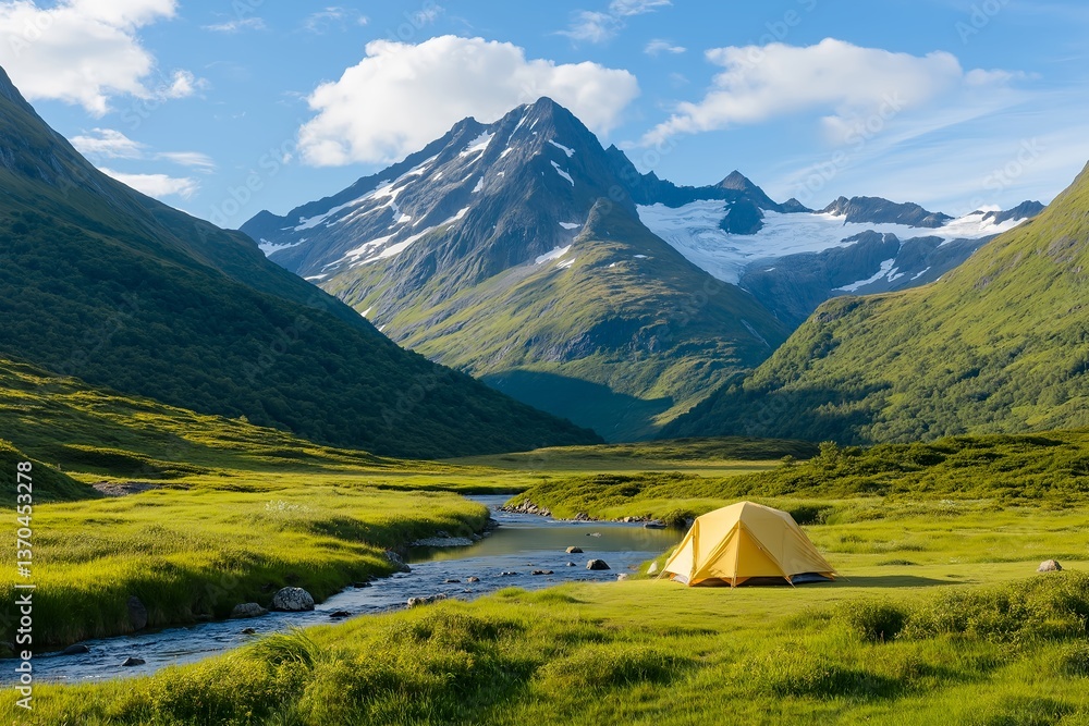 Panoramic View of Camping Site in Lush Green Valley with Snow-Capped Mountains, Winding River, and Tents Along the Banks, Outdoor Adventure, Nature Retreat, Scenic Wilderness Panoramic View of Camping Site in Lush Green Valley with Snow-Capped Mountains, Winding River, and Tents Along the Banks, Outdoor Adventure, Nature Retreat, Scenic Wilderness