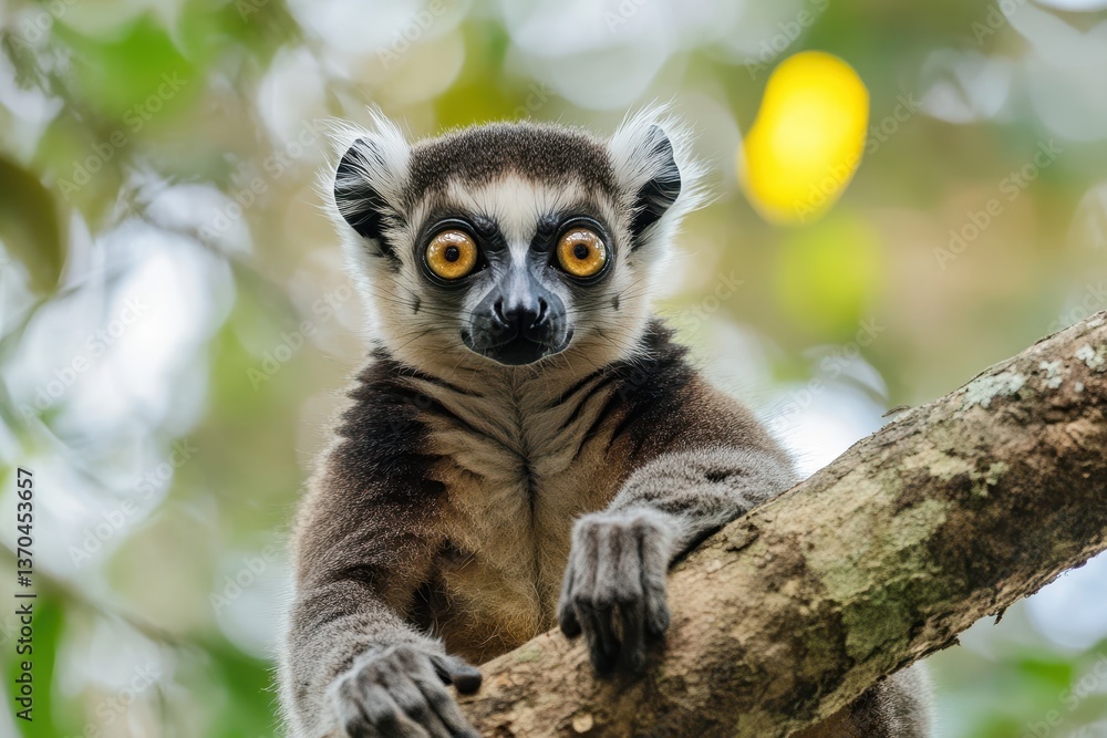 Fototapeta premium Lemur perched on tree branch in a lush forest with vibrant greenery surrounding it during daytime