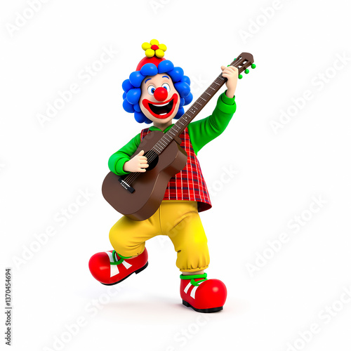 happy clown plays an acoustic guitar radiating joy and amusement.
