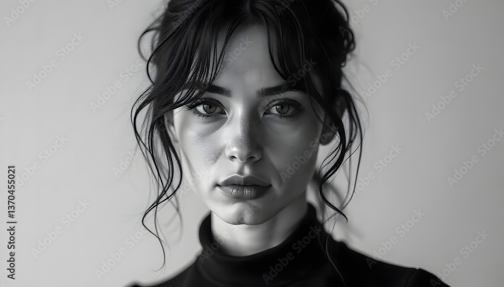 Emotive Portrait of a Woman with Soft Features and Dark Hair Emotive Portrait of a Woman with Soft Features and Dark Hair