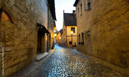 Illuminated alley amidst buildings in town at dusk Video animation