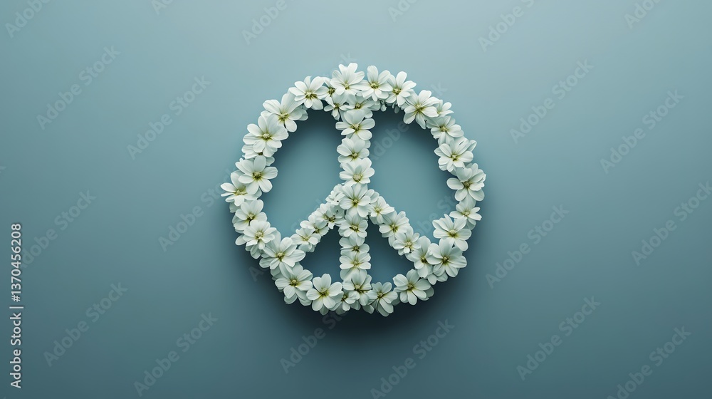 Peace symbol crafted from white flowers on a muted backdrop Peace symbol crafted from white flowers on a muted backdrop