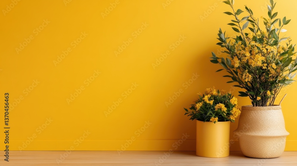 This image features vibrant yellow flowers in charming pots set against a bright yellow wall, creating a cheerful and inviting atmosphere perfect for home decor inspiration. This image features vibrant yellow flowers in charming pots set against a bright yellow wall, creating a cheerful and inviting atmosphere perfect for home decor inspiration.
