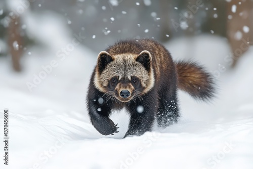Wolverine running through fresh snow in a dense forest during winter