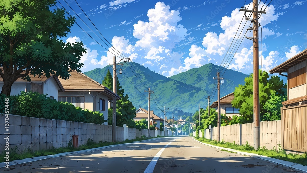 Fototapeta premium A charming Japanese village street with traditional houses and lush green mountain view, anime style