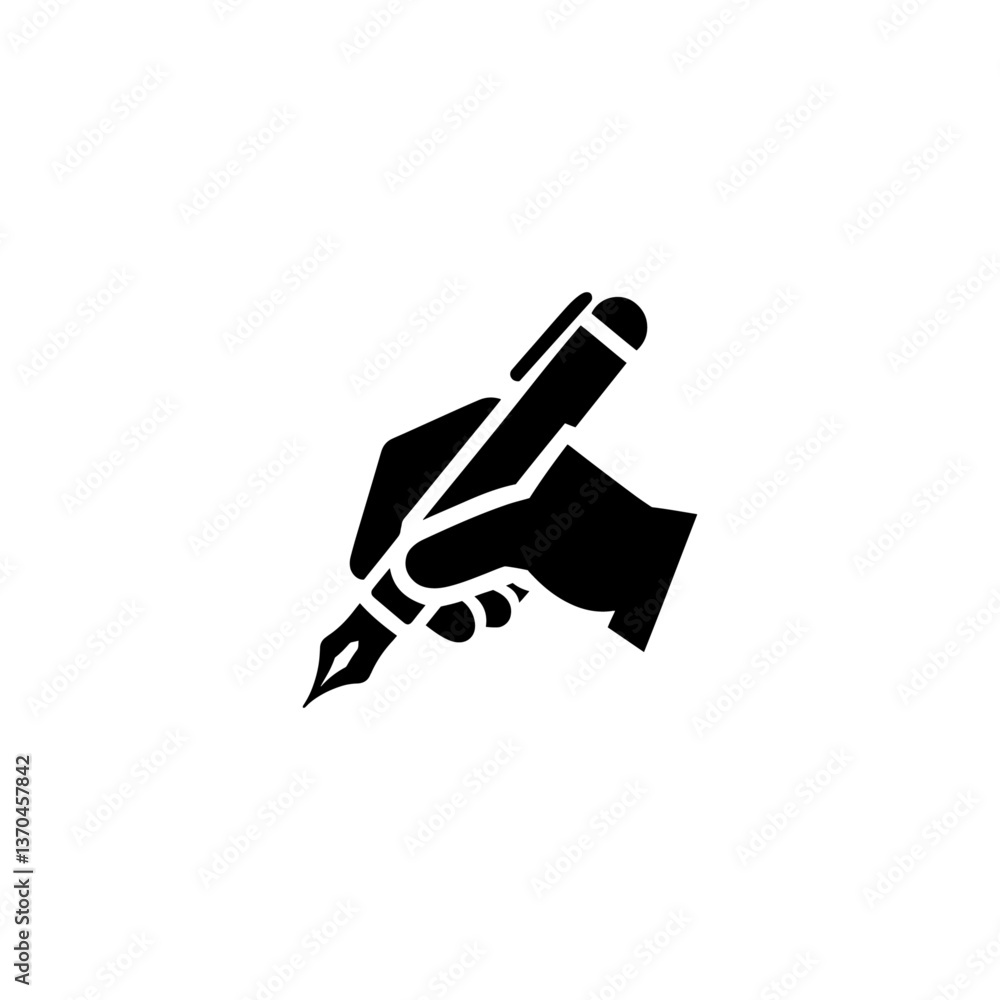 An icon illustrating a hand gripping a pen, write symbol styled as a silhouette vector on a white background. An icon illustrating a hand gripping a pen, write symbol styled as a silhouette vector on a white background.