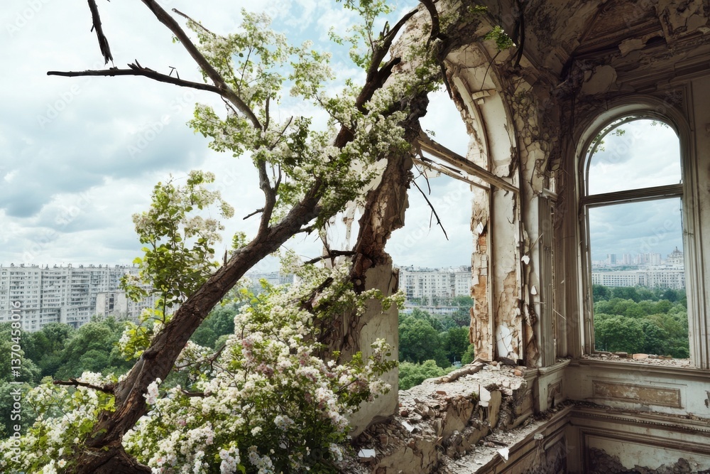 Urban nature reclamation: tree growth through abandoned building window Urban nature reclamation: tree growth through abandoned building window