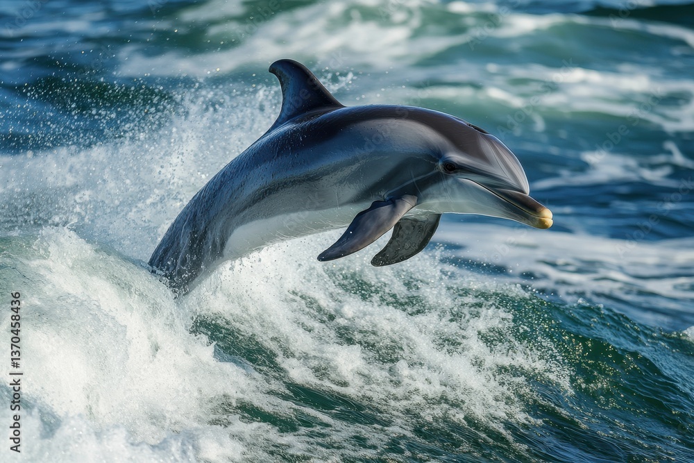 Obraz premium Dolphin leaps gracefully over wild ocean waves in a vibrant display of agility near the coast during midday sunshine