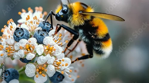 Bumble bee on flower cluster, close-up, nature scene. Use Stock photo for nature, wildlife, insects, or gardening websites