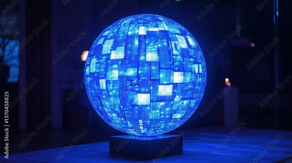 Obraz premium A radiant blue sphere glows softly, its surface adorned with crisp white squares, resembling a futuristic illuminated globe.