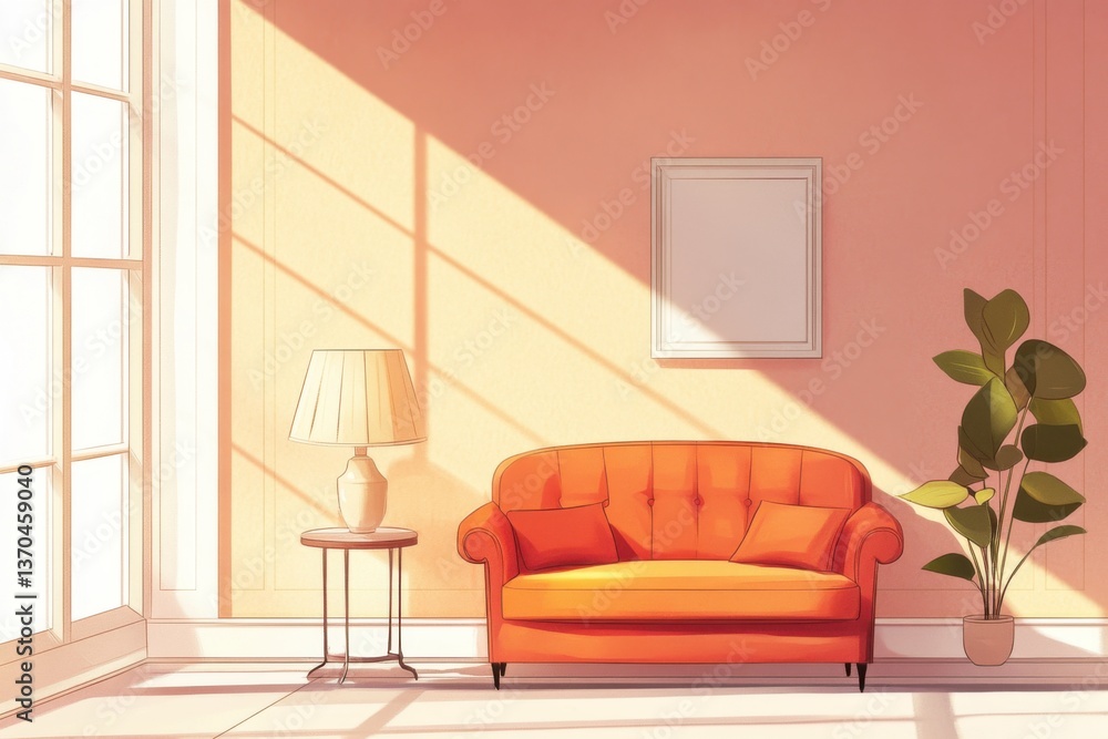 Fototapeta premium Minimalistic vintage interior design with orange sofa and sunlit ambiance