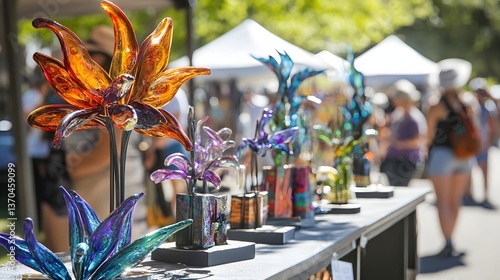 Colorful glass flowers at outdoor arts and crafts fair