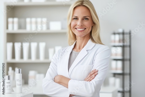 Professional Female Dermatologist in Modern Beauty Clinic with Skincare Products, White Lab Coat, Confident Smile, Soft Natural Lighting, Sleek Interior, Medical Equipment, High-End Skincare Free Download Professional Female Dermatologist in Modern Beauty Clinic with Skincare Products, White Lab Coat, Confident Smile, Soft Natural Lighting, Sleek Interior, Medical Equipment, High-End Skincare - GFXLoad