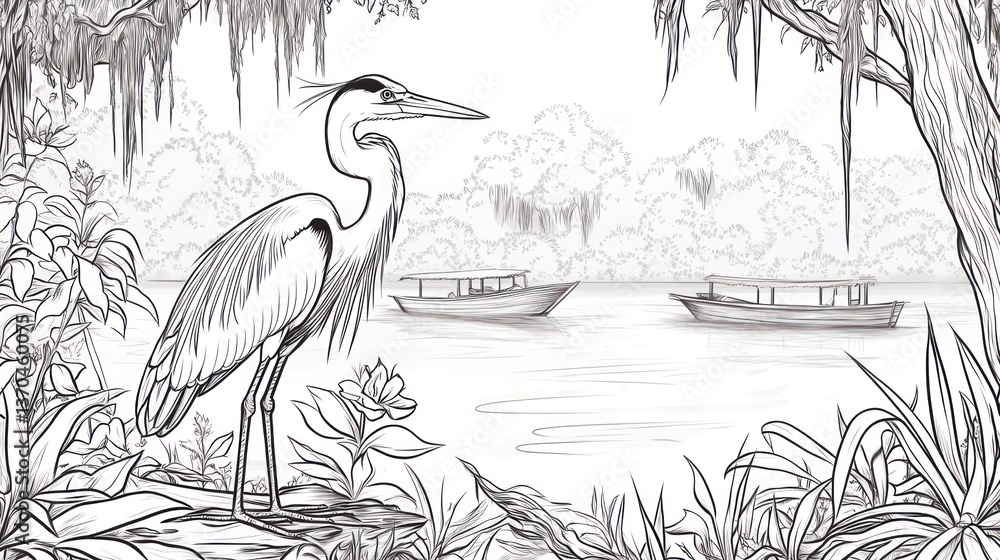 Fototapeta premium Heron watching boats on swampy river. Line art illustration. Possible use coloring book page
