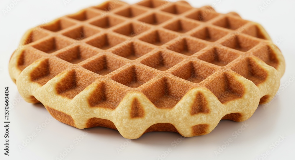 Perfectly golden waffle, bathed in natural light against a stark white backdrop Perfectly golden waffle, bathed in natural light against a stark white backdrop