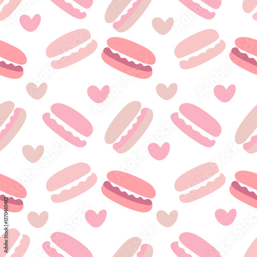 Pink Macaron and Hearts Seamless Pattern