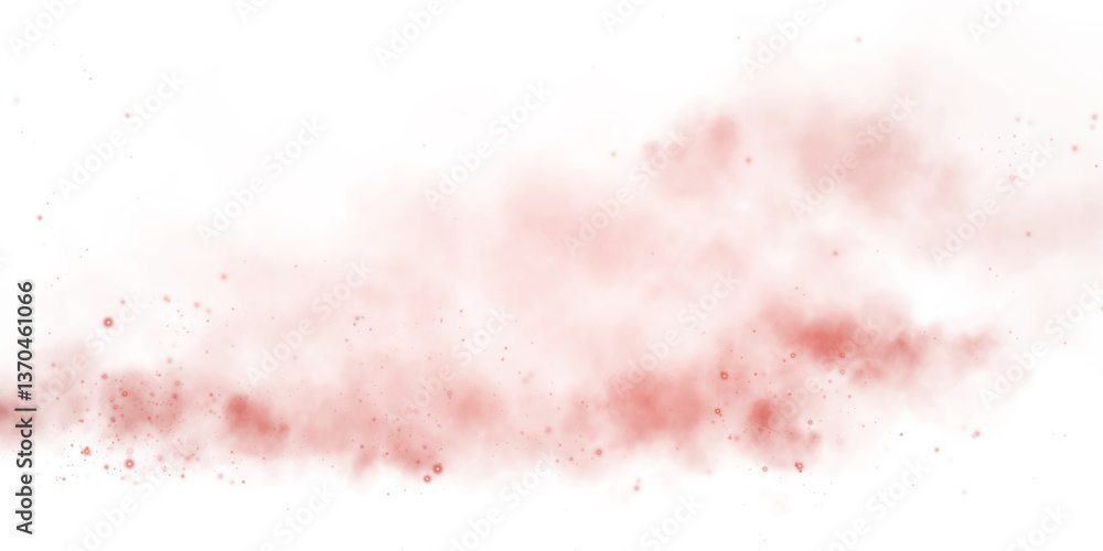 Fototapeta premium Magic red smoke with glitter and small particles of twinkling stars. Fog with luminous particles. Red vapor with stardust. Morning fog over land or water surface, magic haze. Fog or smoke. PNG.