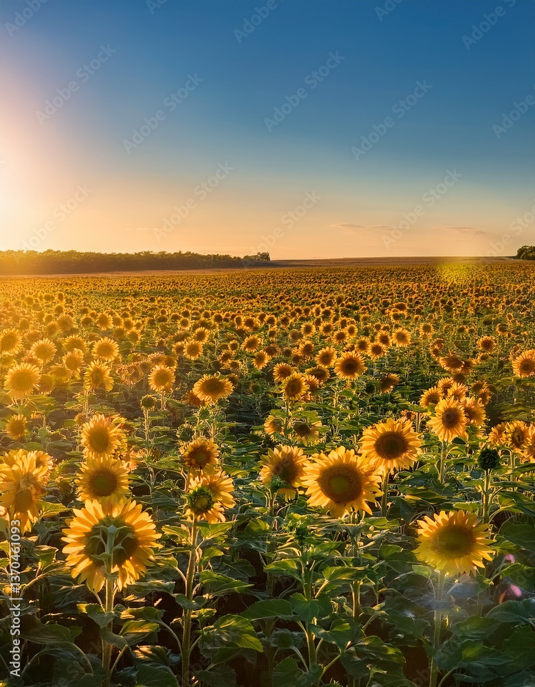 Fototapeta premium A vast field of sunflowers swaying under a clear blue sky, illuminated by golden sunlight