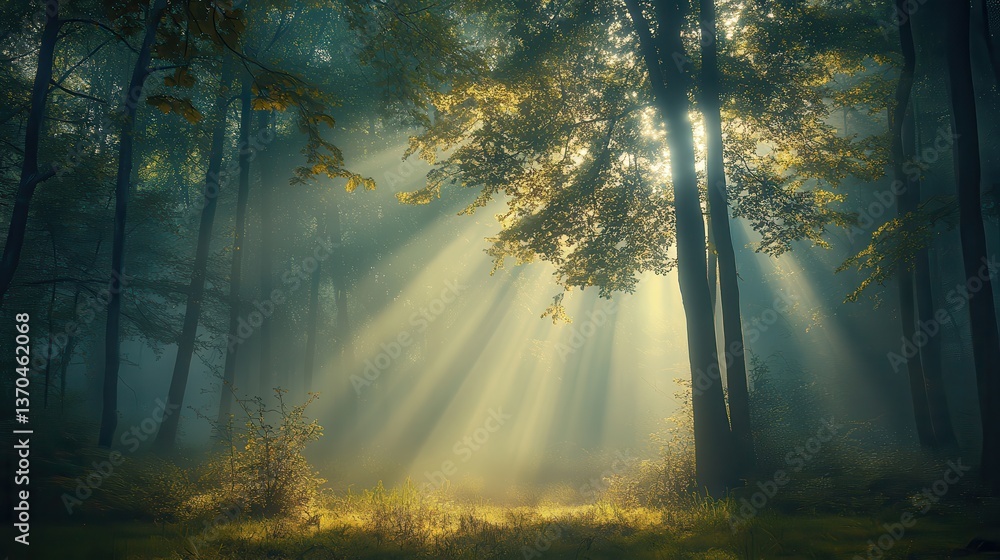 Obraz premium Enchanted forest with diffused light rays, gentle fog rolling between trees, hidden mystery and wonder