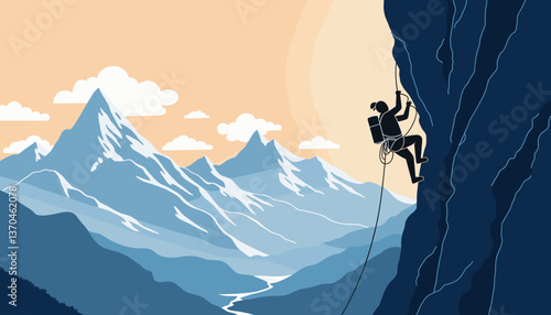 Focused climber scaling rugged mountain cliff at sunrise, adventure