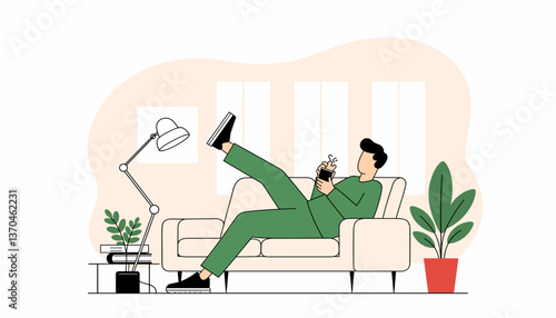 Relaxed person lounging on sofa in modern living room, morning leisure