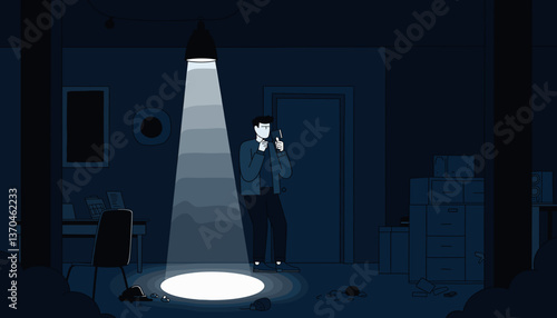 Person holding flashlight in dark basement, mystery and intrigue