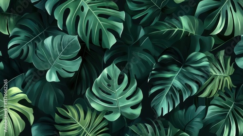 Lush jungle-inspired seamless pattern with overlapping green tropical leaves and vines