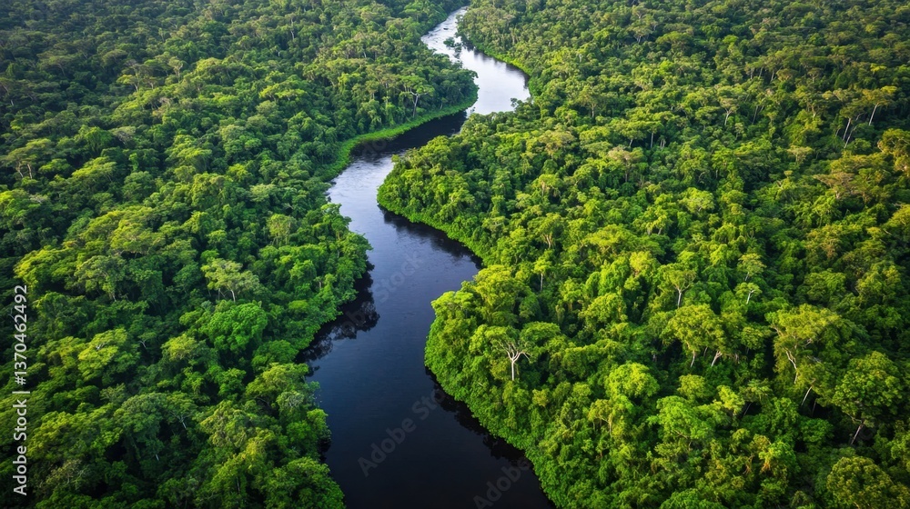 Lush jungle river winding through a vibrant rainforest, ideal for Earth conservation and sustainable living themes Lush jungle river winding through a vibrant rainforest, ideal for Earth conservation and sustainable living themes