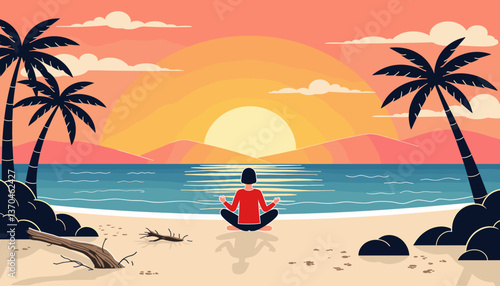 Contemplative person meditating at sunset beach, inner peace