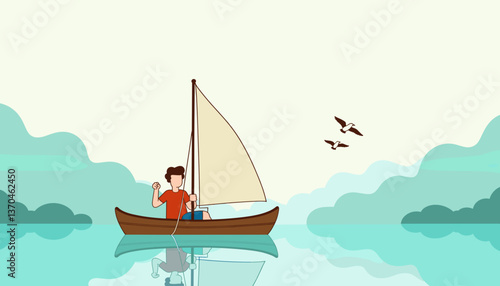 Confident person sailing on tranquil lake during misty morning, serenity