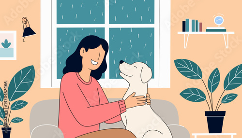 Smiling woman petting playful Labrador on cozy couch, indoor affection