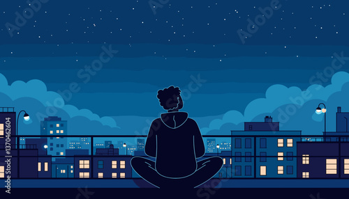 Relaxed person gazing at starlit sky from rooftop, urban tranquility