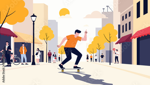 Energetic skateboarder gliding through city street, urban vitality